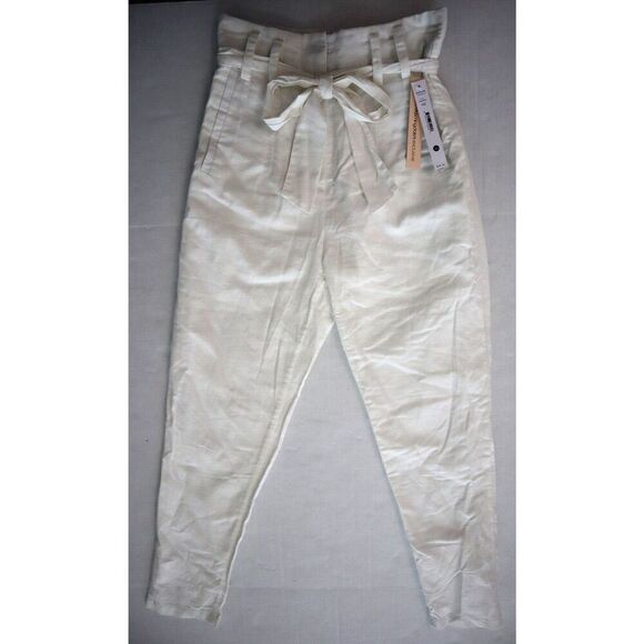 Aqua IPK80606-B Women Sz XS White Linen Belted Hi-Rise Straight Ankle Pants - Picture 1 of 10
